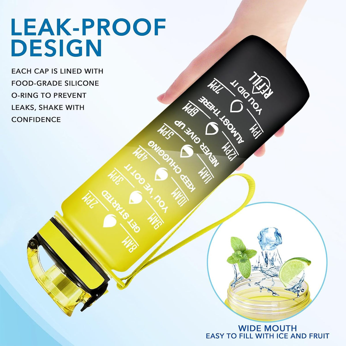 Water Bottle, Leakproof BPA & Toxic Free, Motivational Water Bottle with Times to Drink and Straw, Fitness Sports Water Bottle with Strap for Office, Gym, Outdoor Sports