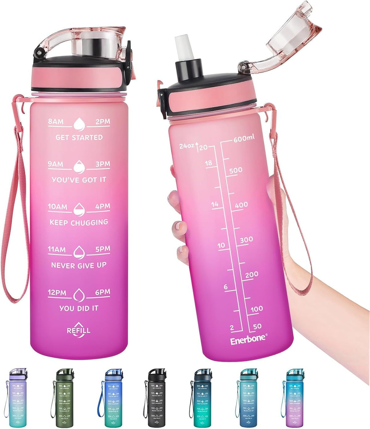 Water Bottle, Leakproof BPA & Toxic Free, Motivational Water Bottle with Times to Drink and Straw, Fitness Sports Water Bottle with Strap for Office, Gym, Outdoor Sports