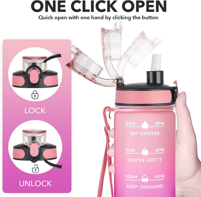 Water Bottle, Leakproof BPA & Toxic Free, Motivational Water Bottle with Times to Drink and Straw, Fitness Sports Water Bottle with Strap for Office, Gym, Outdoor Sports