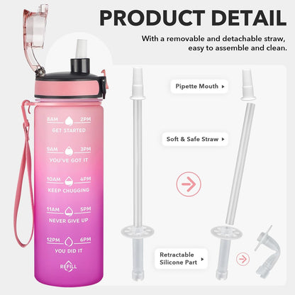 Water Bottle, Leakproof BPA & Toxic Free, Motivational Water Bottle with Times to Drink and Straw, Fitness Sports Water Bottle with Strap for Office, Gym, Outdoor Sports