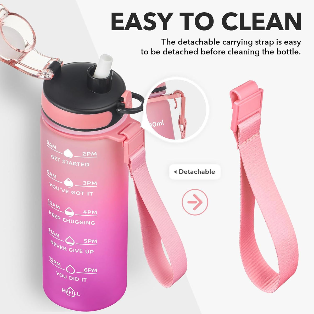 Water Bottle, Leakproof BPA & Toxic Free, Motivational Water Bottle with Times to Drink and Straw, Fitness Sports Water Bottle with Strap for Office, Gym, Outdoor Sports