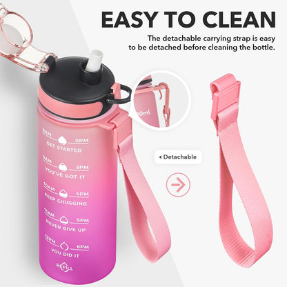 Water Bottle, Leakproof BPA & Toxic Free, Motivational Water Bottle with Times to Drink and Straw, Fitness Sports Water Bottle with Strap for Office, Gym, Outdoor Sports