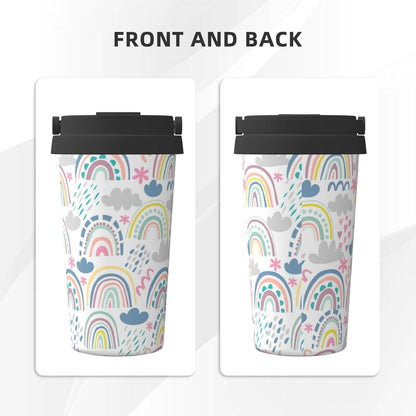 Orange And Blue Floral Print Leak Proof Coffee Travel Cup | Double Wall Stainless Steel Insulated Tumbler Flip Lid Portable Car Driving Coffee Drinking Vessel