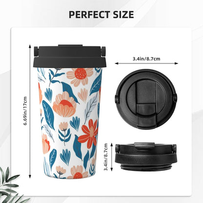 Orange And Blue Floral Print Leak Proof Coffee Travel Cup | Double Wall Stainless Steel Insulated Tumbler Flip Lid Portable Car Driving Coffee Drinking Vessel