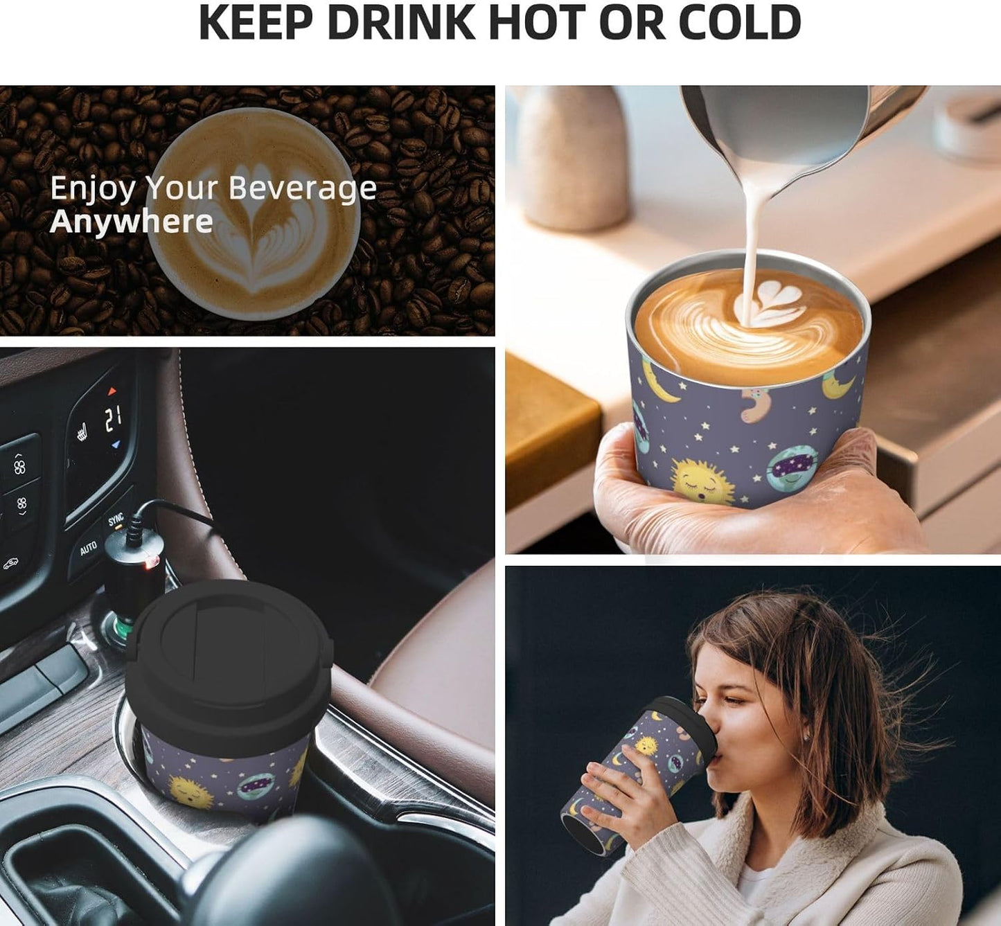 Orange And Blue Floral Print Leak Proof Coffee Travel Cup | Double Wall Stainless Steel Insulated Tumbler Flip Lid Portable Car Driving Coffee Drinking Vessel