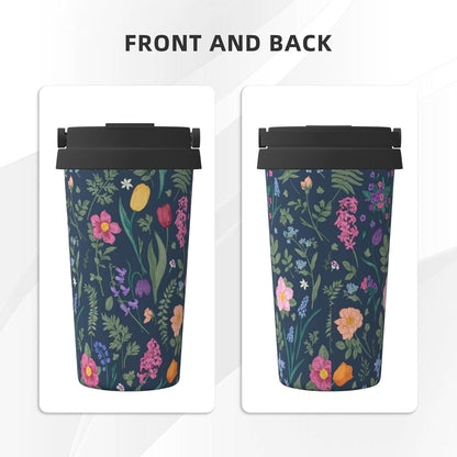 Orange And Blue Floral Print Leak Proof Coffee Travel Cup | Double Wall Stainless Steel Insulated Tumbler Flip Lid Portable Car Driving Coffee Drinking Vessel
