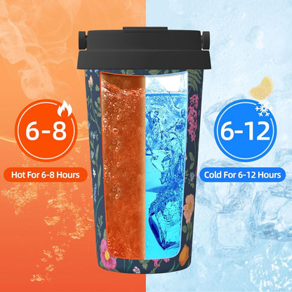 Orange And Blue Floral Print Leak Proof Coffee Travel Cup | Double Wall Stainless Steel Insulated Tumbler Flip Lid Portable Car Driving Coffee Drinking Vessel