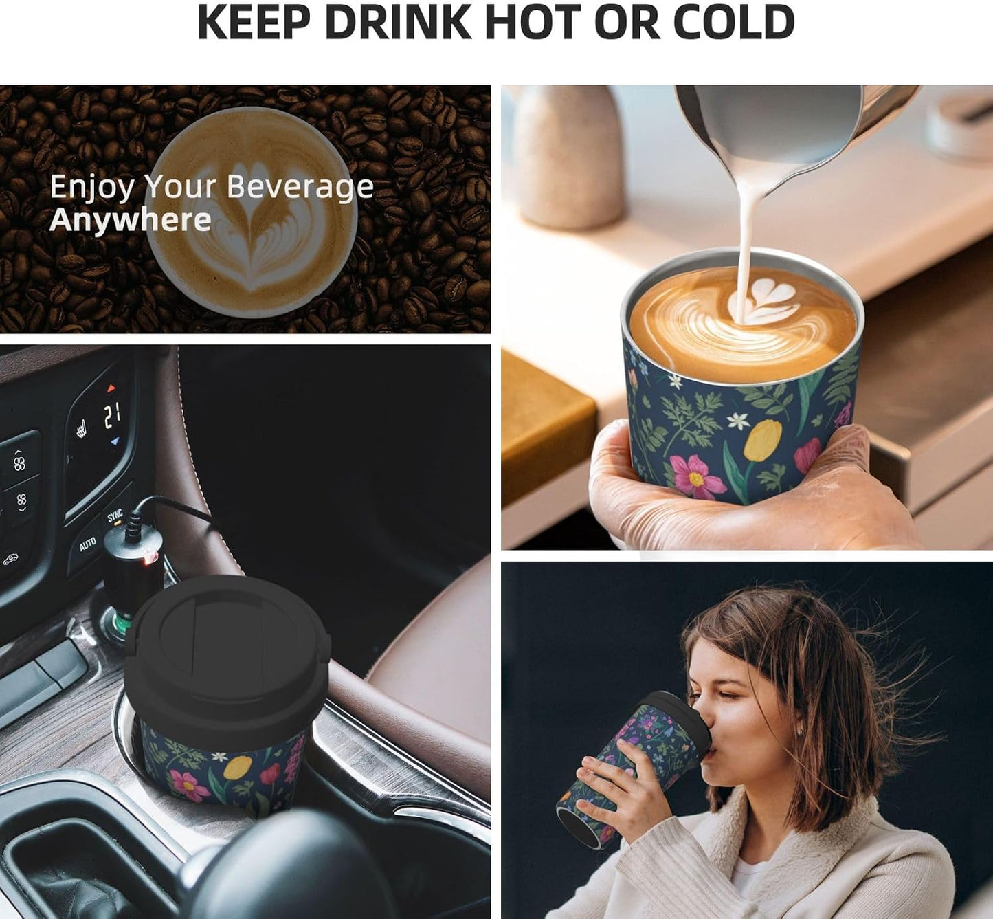 Orange And Blue Floral Print Leak Proof Coffee Travel Cup | Double Wall Stainless Steel Insulated Tumbler Flip Lid Portable Car Driving Coffee Drinking Vessel