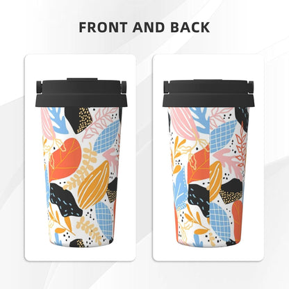 Orange And Blue Floral Print Leak Proof Coffee Travel Cup | Double Wall Stainless Steel Insulated Tumbler Flip Lid Portable Car Driving Coffee Drinking Vessel