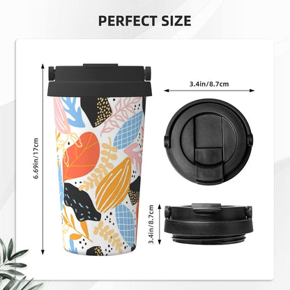 Orange And Blue Floral Print Leak Proof Coffee Travel Cup | Double Wall Stainless Steel Insulated Tumbler Flip Lid Portable Car Driving Coffee Drinking Vessel