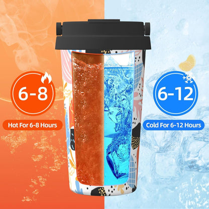 Orange And Blue Floral Print Leak Proof Coffee Travel Cup | Double Wall Stainless Steel Insulated Tumbler Flip Lid Portable Car Driving Coffee Drinking Vessel
