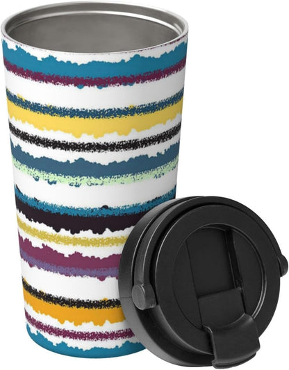 Orange And Blue Floral Print Leak Proof Coffee Travel Cup | Double Wall Stainless Steel Insulated Tumbler Flip Lid Portable Car Driving Coffee Drinking Vessel