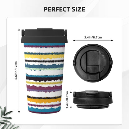 Orange And Blue Floral Print Leak Proof Coffee Travel Cup | Double Wall Stainless Steel Insulated Tumbler Flip Lid Portable Car Driving Coffee Drinking Vessel