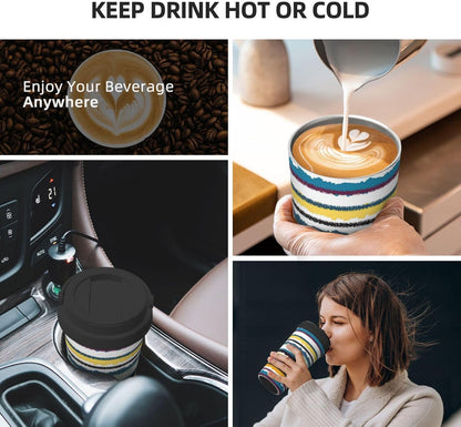 Orange And Blue Floral Print Leak Proof Coffee Travel Cup | Double Wall Stainless Steel Insulated Tumbler Flip Lid Portable Car Driving Coffee Drinking Vessel
