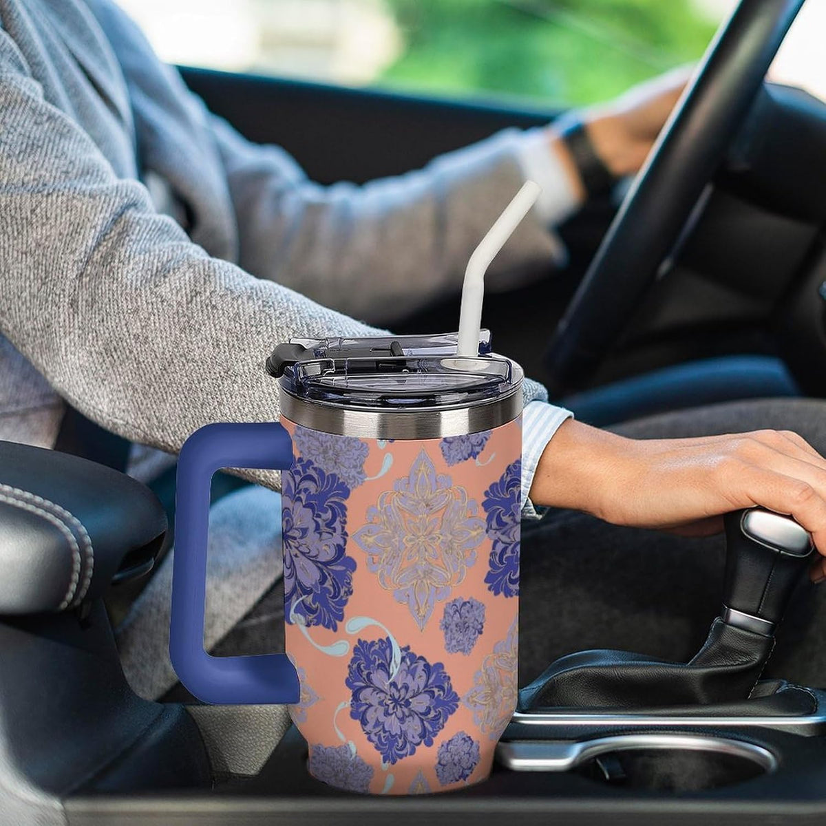 Leakproof Tumbler Vacuum Sealed Car Holder Friendly For Travel Simple Minimalist White Poppy Flower Pattern Coffee Mug Light Rose Red-style-27 - Colors C