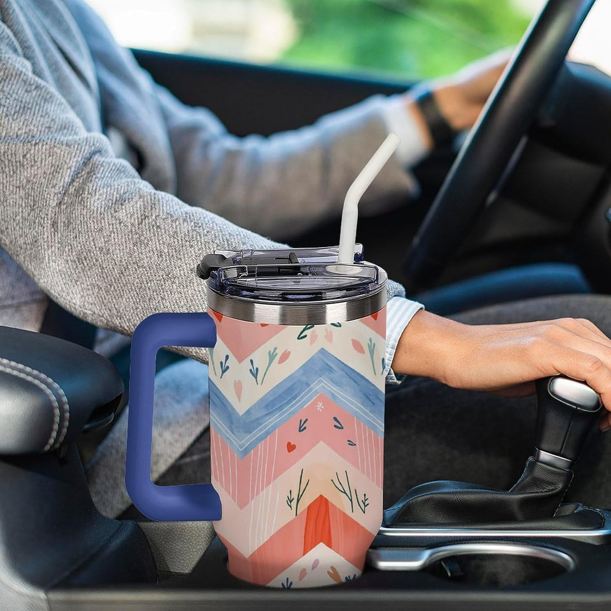 Leakproof Tumbler Vacuum Sealed Car Holder Friendly For Travel Simple Minimalist White Poppy Flower Pattern Coffee Mug Light Rose Red-style-27 - Colors C
