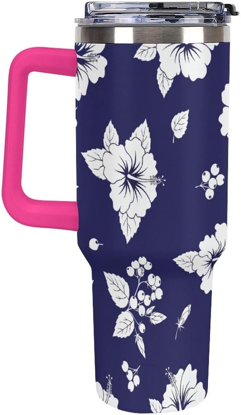 Leakproof Tumbler Vacuum Sealed Car Holder Friendly For Travel Simple Minimalist White Poppy Flower Pattern Coffee Mug Light Rose Red-style-27 - Colors C