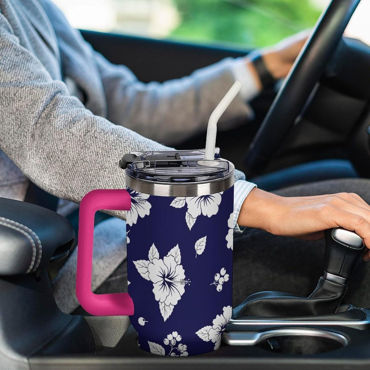 Leakproof Tumbler Vacuum Sealed Car Holder Friendly For Travel Simple Minimalist White Poppy Flower Pattern Coffee Mug Light Rose Red-style-27 - Colors C