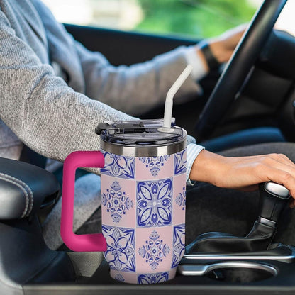 Leakproof Tumbler Vacuum Sealed Car Holder Friendly For Travel Simple Minimalist White Poppy Flower Pattern Coffee Mug Light Rose Red-style-27 - Colors C