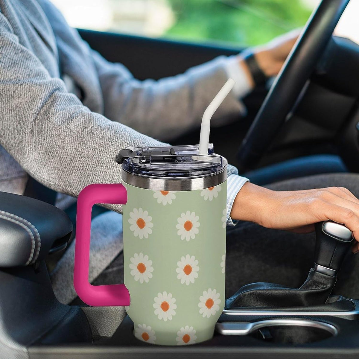 Leakproof Tumbler Vacuum Sealed Car Holder Friendly For Travel Simple Minimalist White Poppy Flower Pattern Coffee Mug Light Rose Red-style-27 - Colors C
