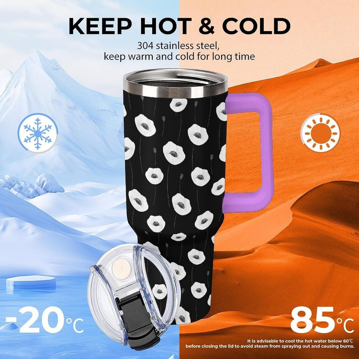 Leakproof Tumbler Vacuum Sealed Car Holder Friendly For Travel Simple Minimalist White Poppy Flower Pattern Coffee Mug Light Rose Red-style-27 - Colors C
