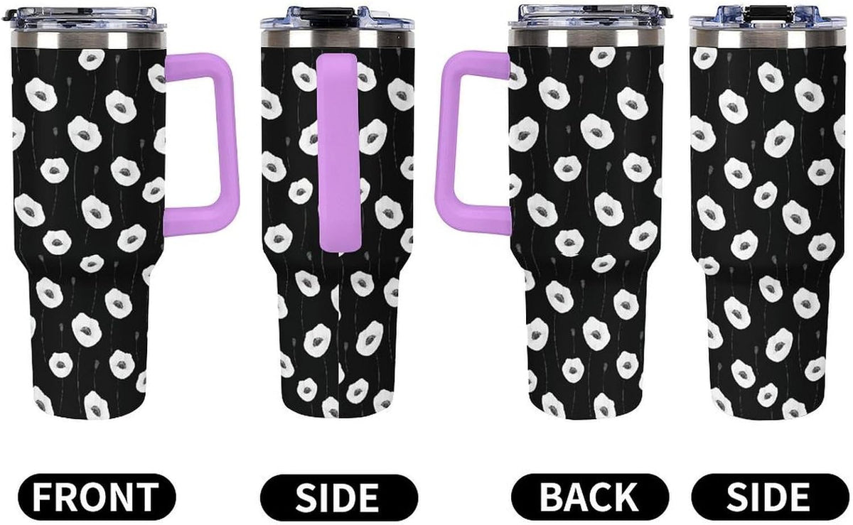 Leakproof Tumbler Vacuum Sealed Car Holder Friendly For Travel Simple Minimalist White Poppy Flower Pattern Coffee Mug Light Rose Red-style-27 - Colors C