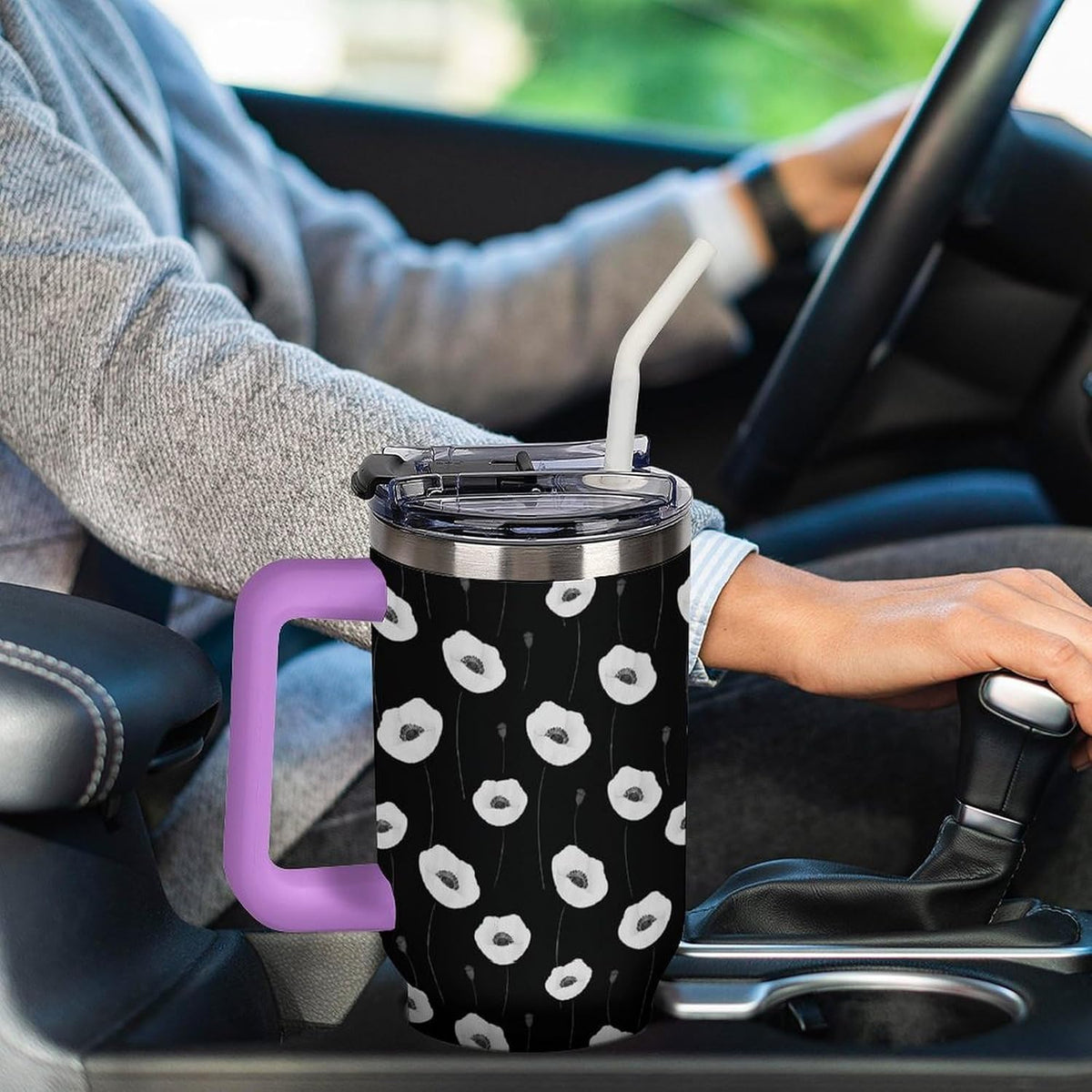 Leakproof Tumbler Vacuum Sealed Car Holder Friendly For Travel Simple Minimalist White Poppy Flower Pattern Coffee Mug Light Rose Red-style-27 - Colors C