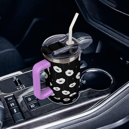 Leakproof Tumbler Vacuum Sealed Car Holder Friendly For Travel Simple Minimalist White Poppy Flower Pattern Coffee Mug Light Rose Red-style-27 - Colors C