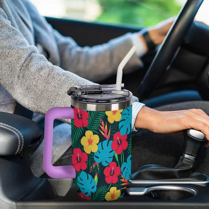Leakproof Tumbler Vacuum Sealed Car Holder Friendly For Travel Simple Minimalist White Poppy Flower Pattern Coffee Mug Light Rose Red-style-27 - Colors C