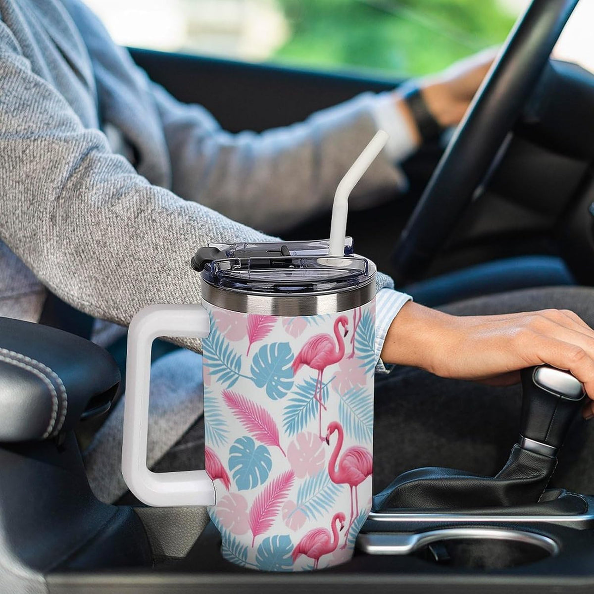 Leakproof Tumbler Vacuum Sealed Car Holder Friendly For Travel Simple Minimalist White Poppy Flower Pattern Coffee Mug Light Rose Red-style-27 - Colors C