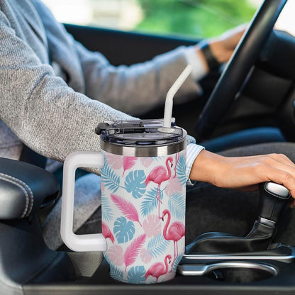Leakproof Tumbler Vacuum Sealed Car Holder Friendly For Travel Simple Minimalist White Poppy Flower Pattern Coffee Mug Light Rose Red-style-27 - Colors C