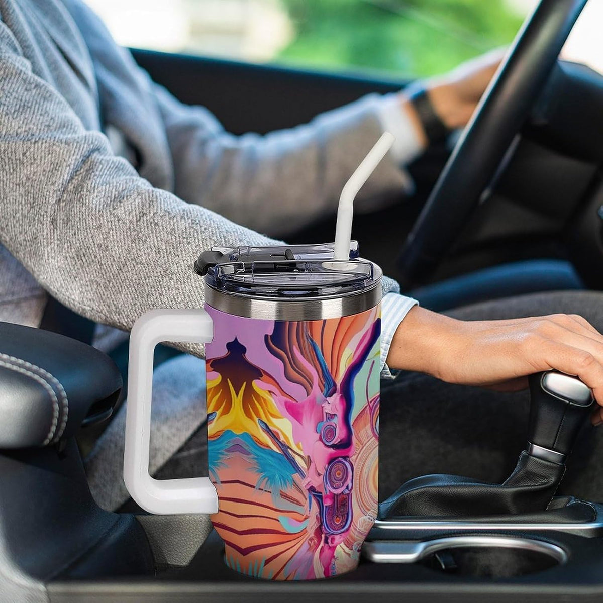Leakproof Tumbler Vacuum Sealed Car Holder Friendly For Travel Simple Minimalist White Poppy Flower Pattern Coffee Mug Light Rose Red-style-27 - Colors C