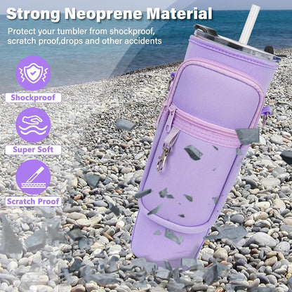 Water Bottle Carrier Bag with Phone Pocket Compatible with Stanley/Meoky 40 oz Tumbler with Handle,Water Bottle Holder Pouch with Adjustable Strap Compatible with Stanley Cup Accessories