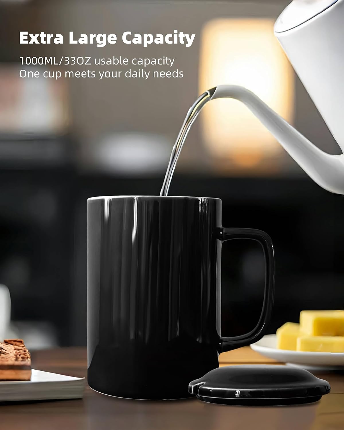 Oversized Ceramic Coffee Mugs 33 oz with Lid and Spoon Pink | 1000ml Giant Tea Mug Microwave & Dishwasher Safe For Office Home Hot Cold Drinks