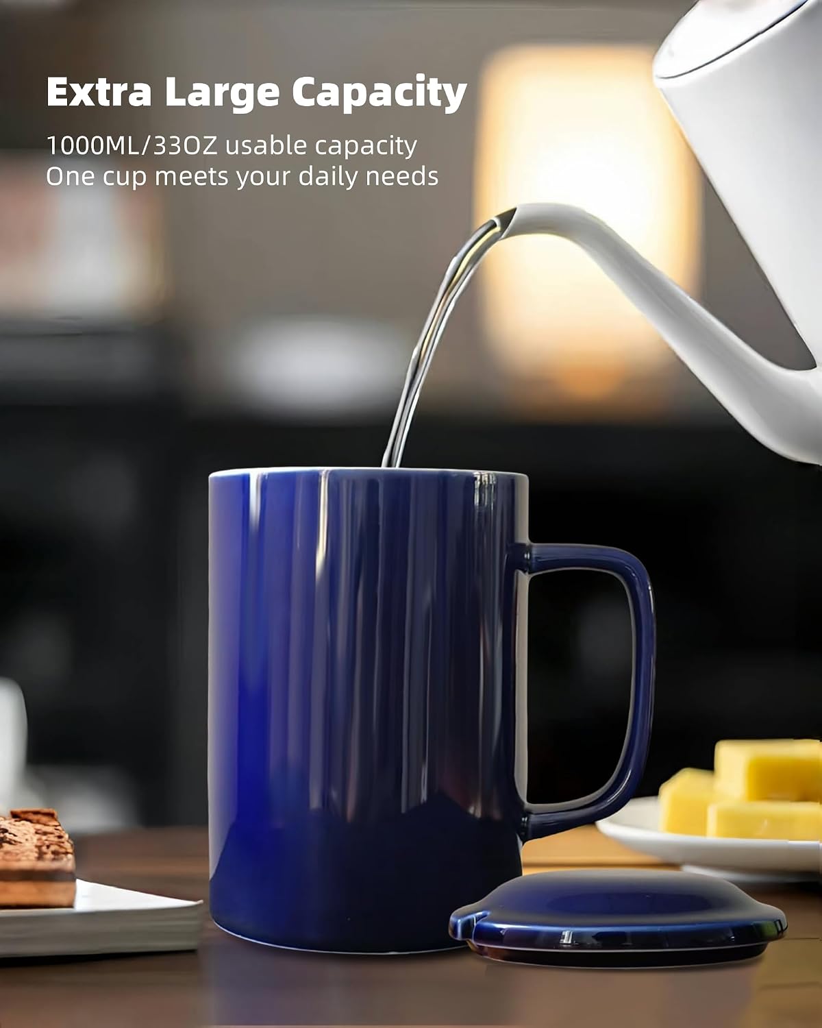 Oversized Ceramic Coffee Mugs 33 oz with Lid and Spoon Pink | 1000ml Giant Tea Mug Microwave & Dishwasher Safe For Office Home Hot Cold Drinks