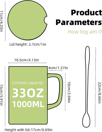 Oversized Ceramic Coffee Mugs 33 oz with Lid and Spoon Pink | 1000ml Giant Tea Mug Microwave & Dishwasher Safe For Office Home Hot Cold Drinks