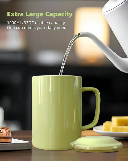 Oversized Ceramic Coffee Mugs 33 oz with Lid and Spoon Pink | 1000ml Giant Tea Mug Microwave & Dishwasher Safe For Office Home Hot Cold Drinks
