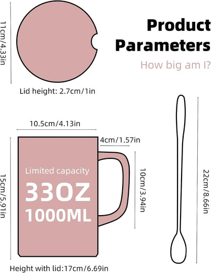 Oversized Ceramic Coffee Mugs 33 oz with Lid and Spoon Pink | 1000ml Giant Tea Mug Microwave & Dishwasher Safe For Office Home Hot Cold Drinks