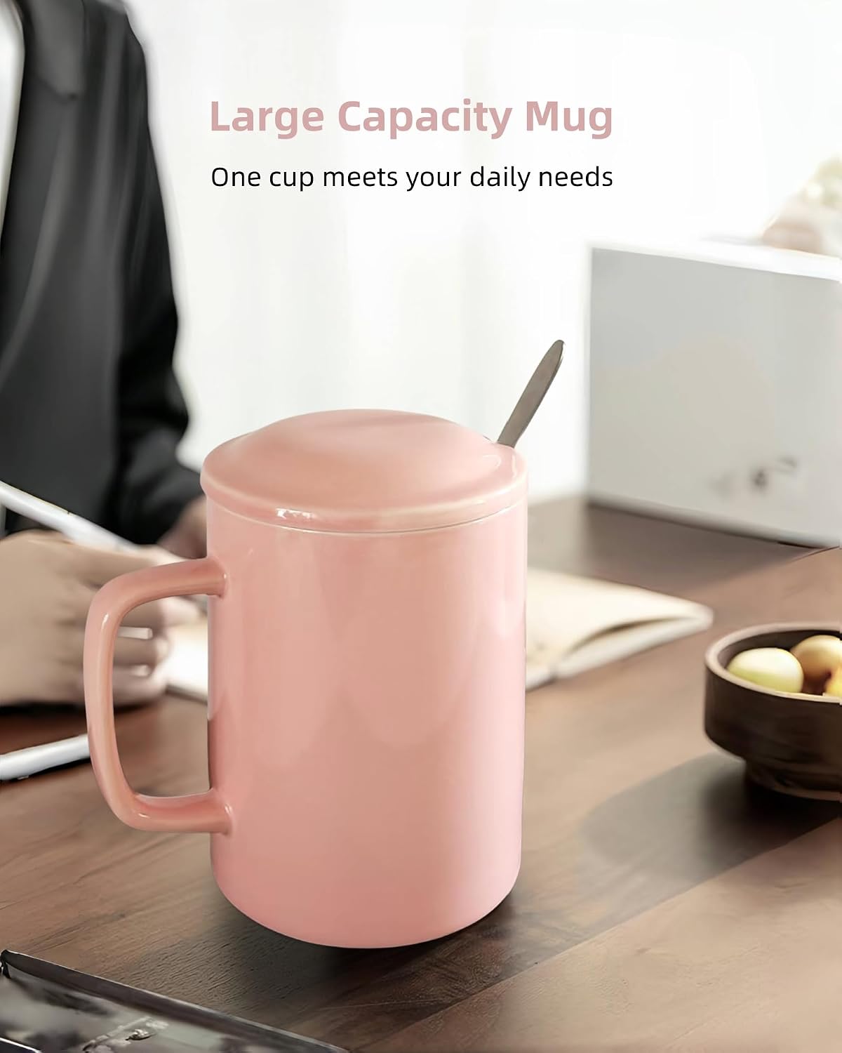 Oversized Ceramic Coffee Mugs 33 oz with Lid and Spoon Pink | 1000ml Giant Tea Mug Microwave & Dishwasher Safe For Office Home Hot Cold Drinks