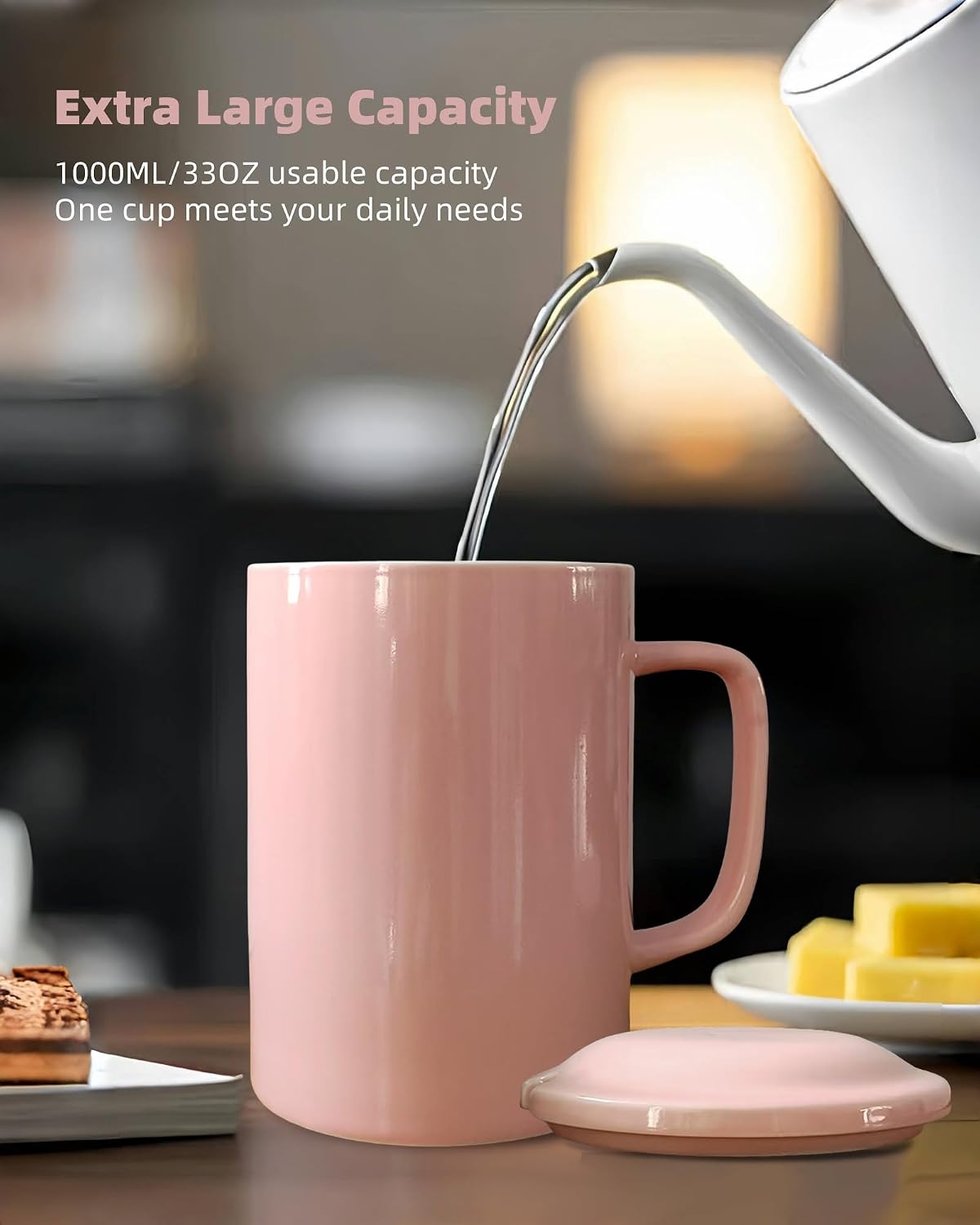 Oversized Ceramic Coffee Mugs 33 oz with Lid and Spoon Pink | 1000ml Giant Tea Mug Microwave & Dishwasher Safe For Office Home Hot Cold Drinks
