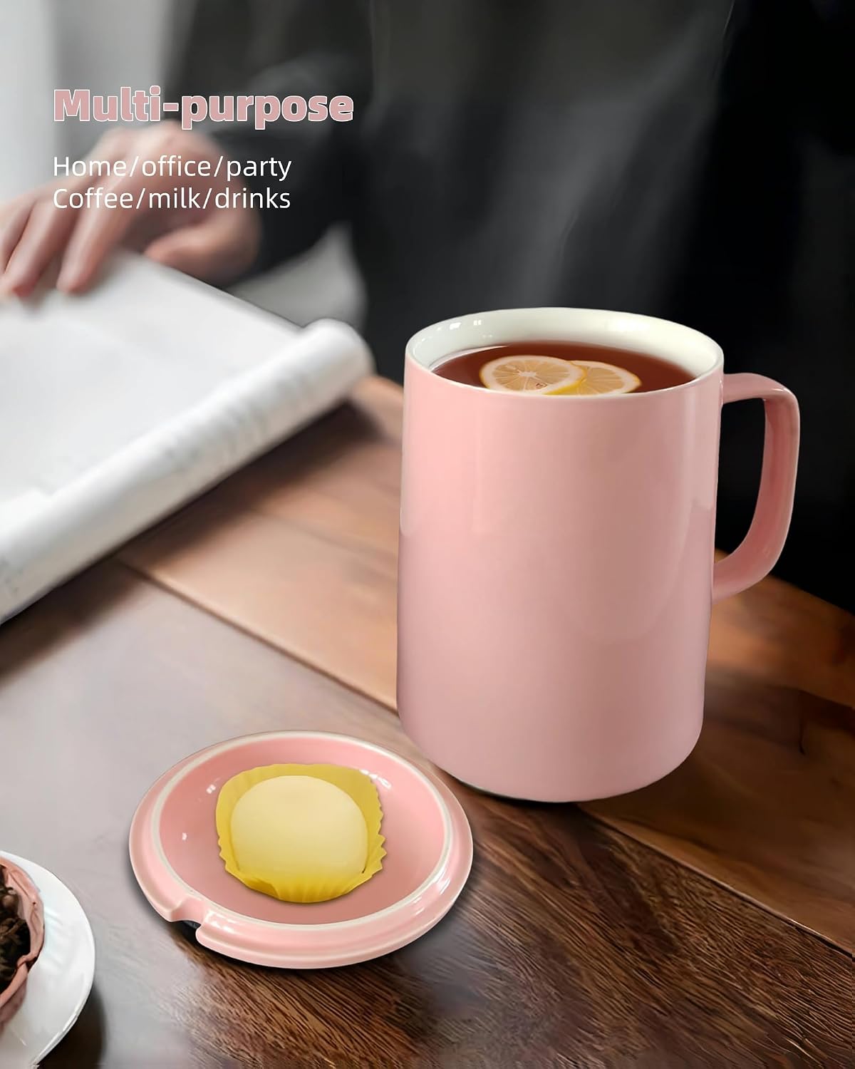 Oversized Ceramic Coffee Mugs 33 oz with Lid and Spoon Pink | 1000ml Giant Tea Mug Microwave & Dishwasher Safe For Office Home Hot Cold Drinks
