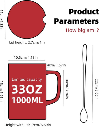 Oversized Ceramic Coffee Mugs 33 oz with Lid and Spoon Pink | 1000ml Giant Tea Mug Microwave & Dishwasher Safe For Office Home Hot Cold Drinks