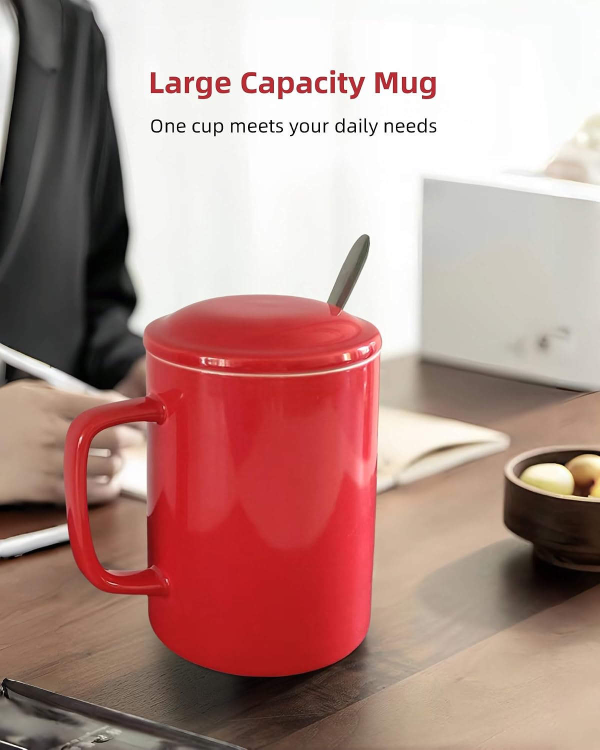 Oversized Ceramic Coffee Mugs 33 oz with Lid and Spoon Pink | 1000ml Giant Tea Mug Microwave & Dishwasher Safe For Office Home Hot Cold Drinks