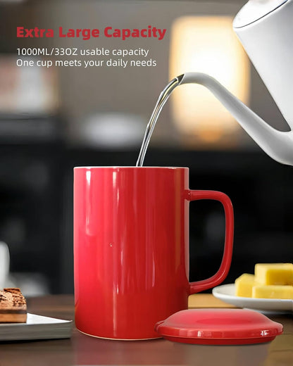 Oversized Ceramic Coffee Mugs 33 oz with Lid and Spoon Pink | 1000ml Giant Tea Mug Microwave & Dishwasher Safe For Office Home Hot Cold Drinks