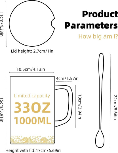 Oversized Ceramic Coffee Mugs 33 oz with Lid and Spoon Pink | 1000ml Giant Tea Mug Microwave & Dishwasher Safe For Office Home Hot Cold Drinks