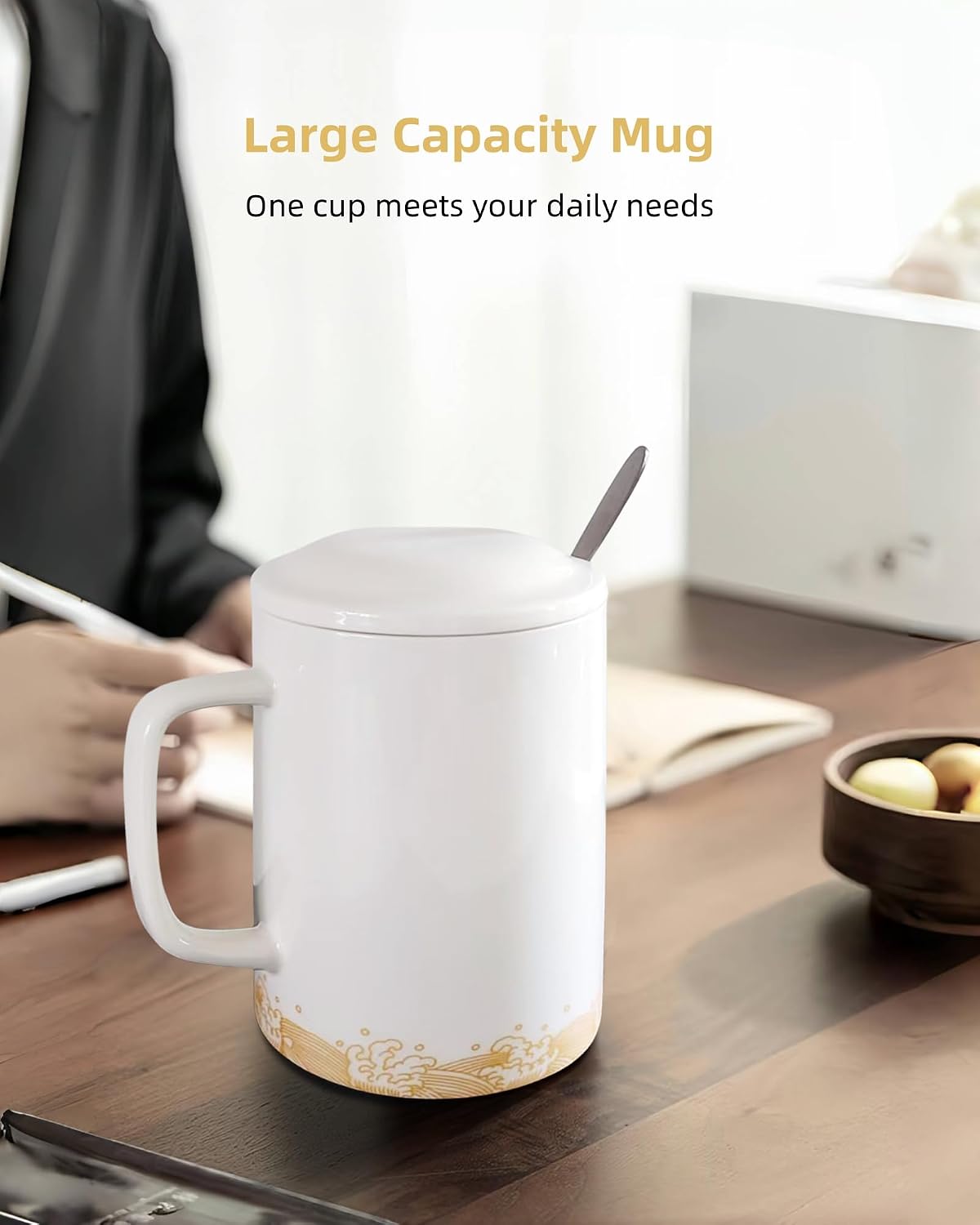 Oversized Ceramic Coffee Mugs 33 oz with Lid and Spoon Pink | 1000ml Giant Tea Mug Microwave & Dishwasher Safe For Office Home Hot Cold Drinks