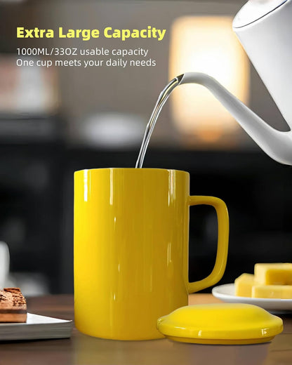 Oversized Ceramic Coffee Mugs 33 oz with Lid and Spoon Pink | 1000ml Giant Tea Mug Microwave & Dishwasher Safe For Office Home Hot Cold Drinks