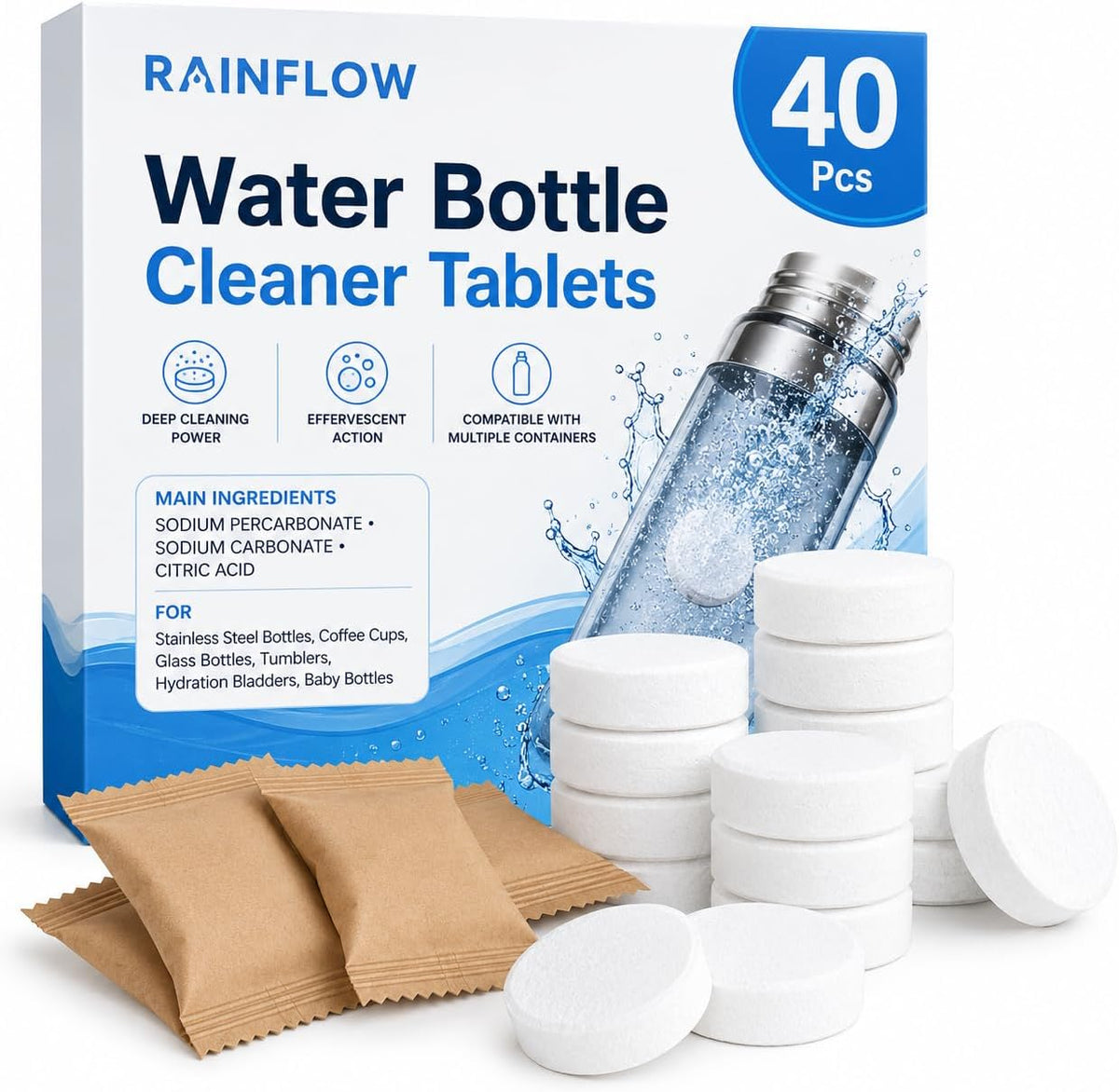 40 Pcs Water Bottle Cleaner Tablets - Water Bottle Cleaning Tablets for Stainless Steel, Tumblers, Reusable Bottles, Bottle Cleaner Tablets Remove Coffee & Tea Stains, Odor Buildup
