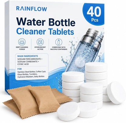 40 Pcs Water Bottle Cleaner Tablets - Water Bottle Cleaning Tablets for Stainless Steel, Tumblers, Reusable Bottles, Bottle Cleaner Tablets Remove Coffee & Tea Stains, Odor Buildup