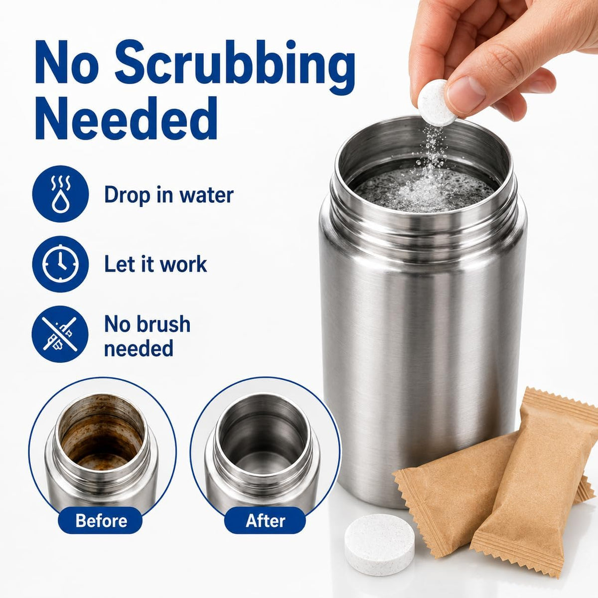 40 Pcs Water Bottle Cleaner Tablets - Water Bottle Cleaning Tablets for Stainless Steel, Tumblers, Reusable Bottles, Bottle Cleaner Tablets Remove Coffee & Tea Stains, Odor Buildup